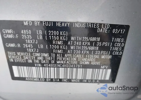 2017 Subaru Outback 3.6R Limited from USA, damaged, VIN 4S4BSENC4H3343791